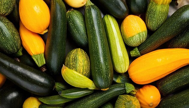 Various kinds of fresh zucchini and squash displayed on a flat surface
