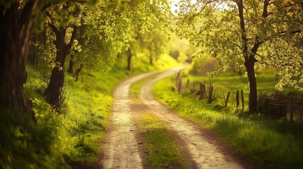 Fototapeta premium Spring Awakening in Soft Natural Light with Lush Green Foliage and Vibrant Blue Sky
