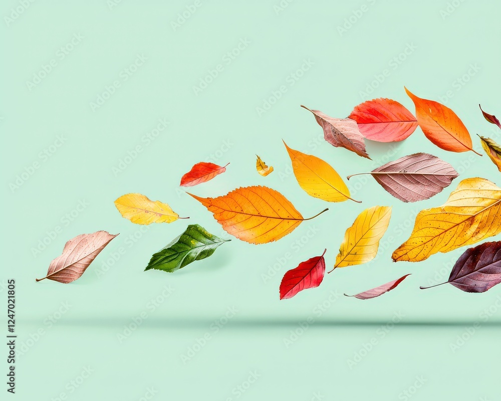 Poster a dynamic transition of leaves changing colors in an animated concept.
