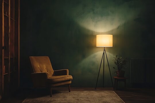 A poorly lit room with minimal furniture and an empty wall acts as the setting for a stock photo mockup.