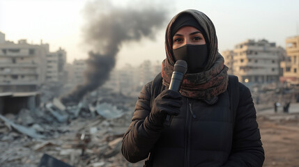 Journalist reporting amidst urban destruction and smoke