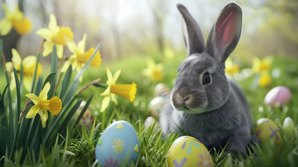 Easter gray rabbit grass daffodils colorful eggs playful springtime scene