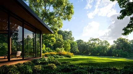 Fototapeta premium Modern House with Glass Walls and Lush Green Garden