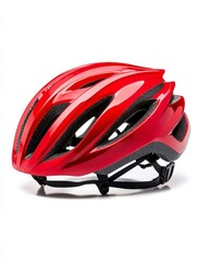 Fototapeta premium Red modern bike helmet with adjustable straps - A sleek red bike helmet designed for safety and comfort with innovative ventilation system featuring adjustable straps for a secure fit.