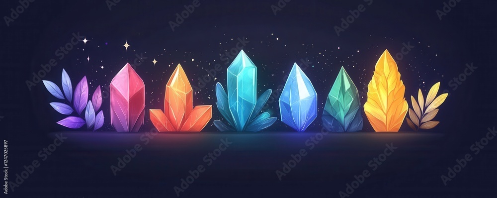 Poster a vibrant array of colorful crystals and leaves against a dark background, creating a mystical and e