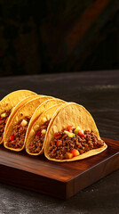 A trio of crispy beef tacos filled with diced vegetables served on a dark wooden board, set against a rich, dark background for a cozy dining atmosphere.