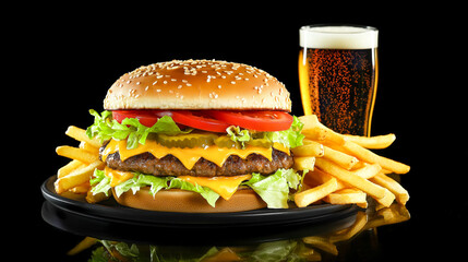 Juicy cheeseburger with fries on a black plate, set against a dark background, paired with a refreshing drink, capturing a classic fast food meal.