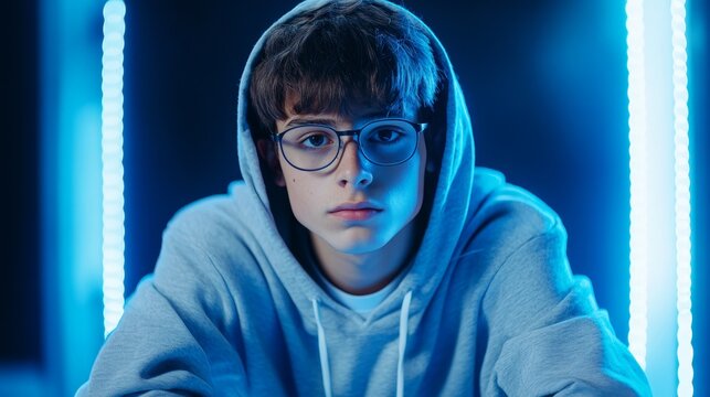 Portrait of a Young Person with Glasses and Hoodie - A thoughtful young individual wearing a hoodie and glasses gazes intently, illuminated by blue lighting in the background.
