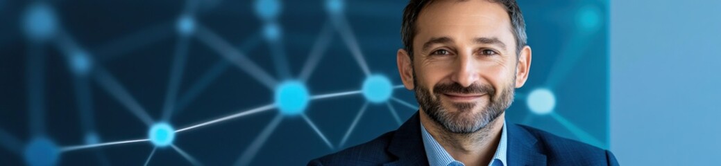 Fototapeta premium Smiling businessman portrait against a network graphic background.