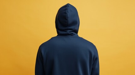 Rear view of a person wearing a dark blue hoodie against a yellow background.