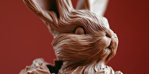 Chocolate Bunny Sculpture:Close-up of an intricately sculpted chocolate bunny, its fur-like texture and expressive eyes captivating against a rich, deep red backdrop.