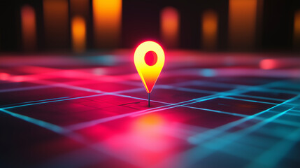  Illuminated yellow location pin on a futuristic neon grid