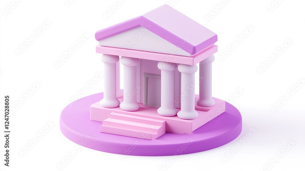 Poster pastel pink 3d model of a classical building with columns and steps on a round base, isolated on whi
