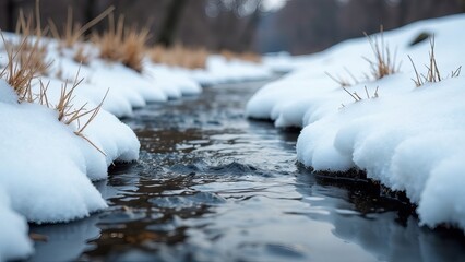 Winter Landscape with Snow Covered Grass and Stream