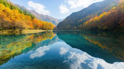 Tranquil autumn lake reflection in scenic mountain landscape