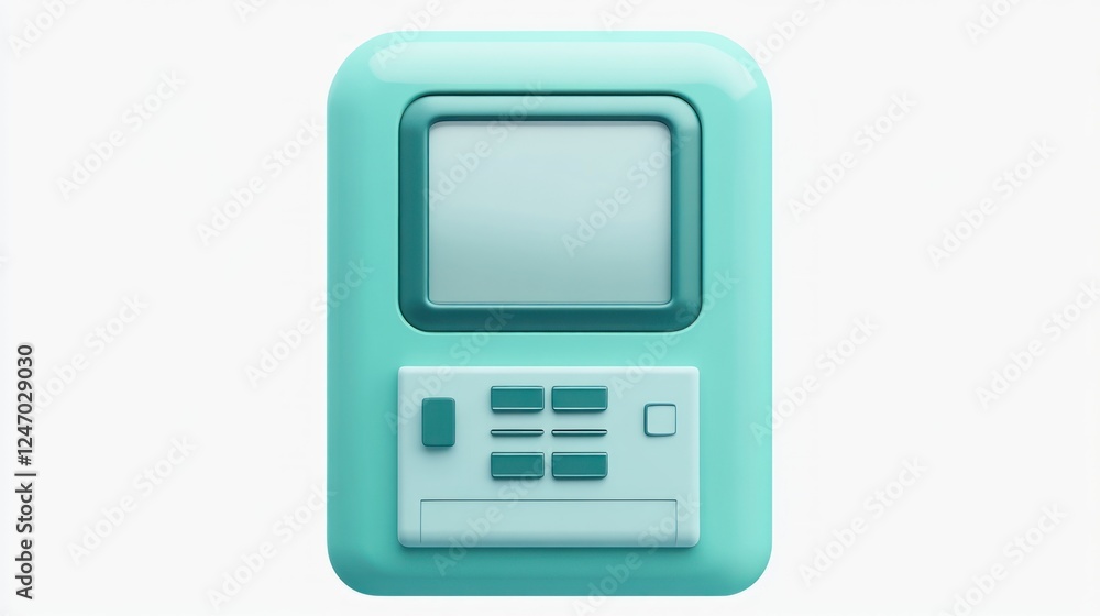 Poster teal retro computer icon with blank screen and keypad, isolated on white.