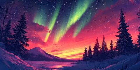 Northern lights illuminating snow-covered landscape at dusk. Winter scene with a river, forest, mountains, and polar bear habitat.