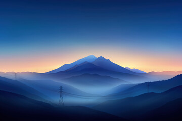 Majestic mountain range under twilight sky with power lines in the foreground
