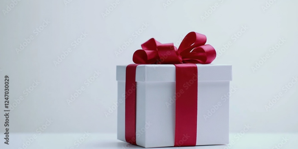 Poster a white box with a red ribbon on top. the box is empty and ready to be opened