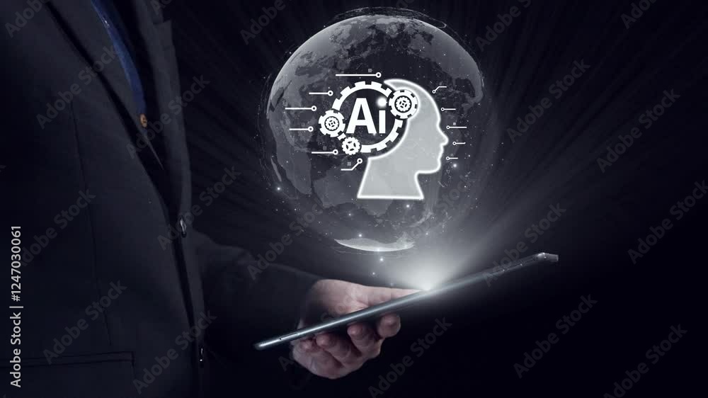 Poster human interact with ai artificial intelligence brain processor in concept of ai artificial intellige
