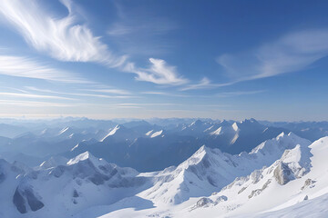 Obraz premium Snowy mountains under blue sky with white clouds. Caucasus Mountains, Georgia, region Gudauri. AI Generative