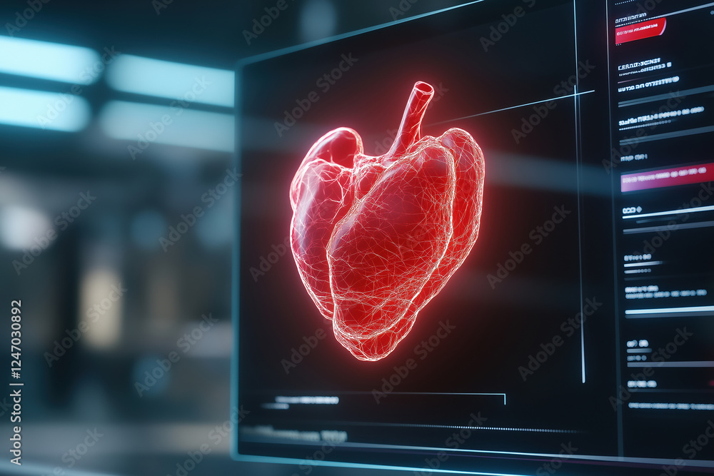 Poster detailed 3d heart model displayed on a digital screen in a medical lab setting