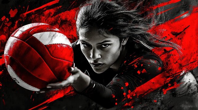 Determined female volleyball player dives for the ball, dynamic action shot with red grunge effect.