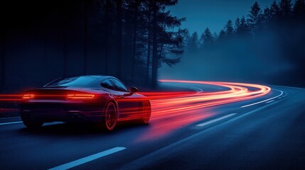 Obraz premium Night Drive Sports car speeds on foggy forest road