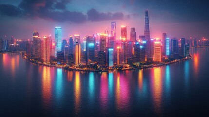 Fototapeta premium Night cityscape, river reflection, urban lights, aerial view, China