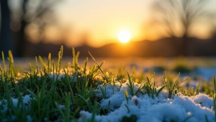 Snow Covered Grass with Sunset Silhouette of Trees
