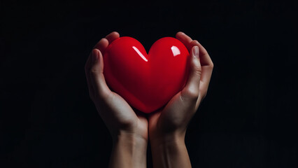 Obraz premium Hands holding a red heart against a dark background