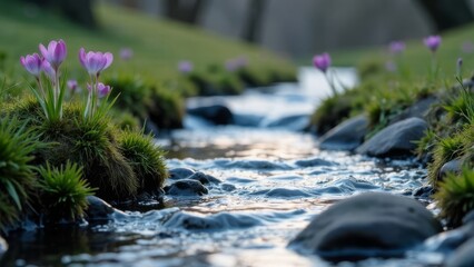 Purple crocuses by a stream with stones and green grass spring landscape