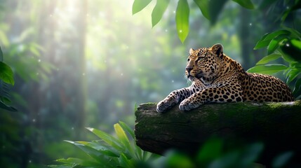 Majestic Leopard Resting on a Tree Branch in Lush Jungle - A stunning leopard lounges on a branch surrounded by vibrant foliage in a serene jungle setting, symbolizing beauty, strength, grace