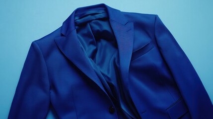 Flat lay of a stylish cobalt blue men's blazer on a light blue background.