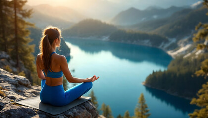 Fototapeta premium Young woman sits in a lotus position on the rocky shore of a mountain lake. A magnificent landscape of nature and sunset between mountain peaks opens before her.
