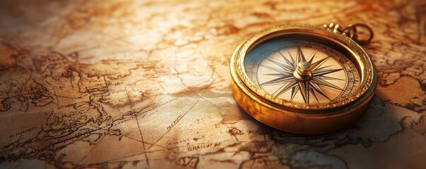 An antique compass rests on a vintage map, symbolizing exploration, navigation, and adventure through time.