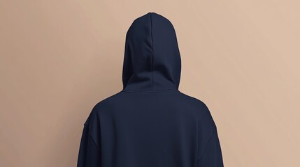 Rear view of a person wearing a navy blue hoodie against a beige background. (1)