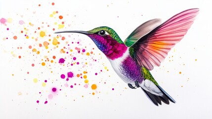 Obraz premium Vibrant Hummingbird in Mid Flight against Light Background - This artwork displays a colorful hummingbird in mid-flight, symbolizing freedom, nature, beauty, grace
