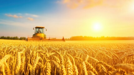 Fototapeta premium Golden wheat harvest at sunrise with combine on field - agricultural scenery for rural landscape
