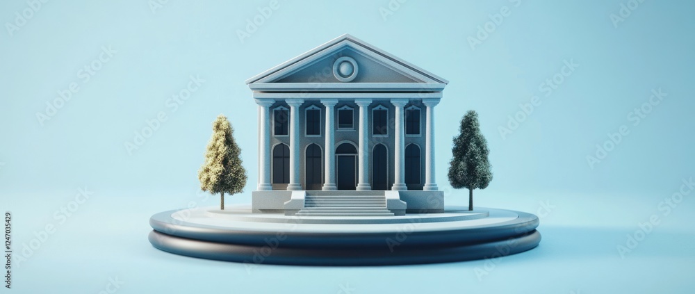 Poster minimalist 3d model of a classical building on a platform, with two small trees.