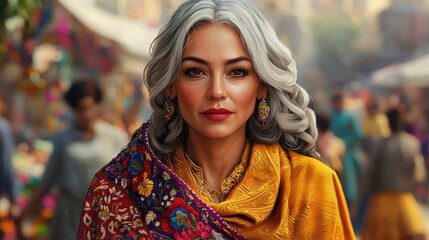 Fototapeta premium Graceful woman wearing colorful attire in vibrant market setting