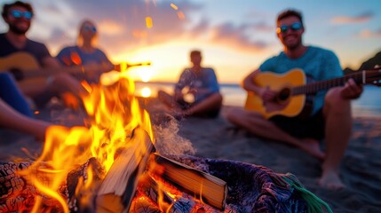 A lively beach campfire scene showcasing friends strumming guitars and enjoying each other's company with a lovely sunset backdrop, creating a perfect atmosphere of camaraderie and joy.