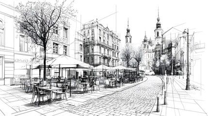 Obraz premium Detailed line drawing of a charming historic European style street with cobblestone roads sidewalk cafes and quaint architectural details