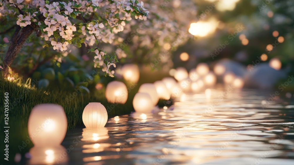 Aufkleber tranquil evening scene with illuminated lanterns floating on a calm river under blossoming tree.