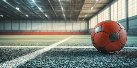 Red soccer ball on indoor field.