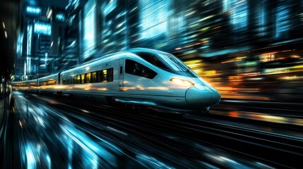 Fototapeta premium A sleek train rushes through a vibrant, illuminated cityscape at night, showcasing a blend of modern technology and dynamic urban life.