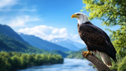 Fototapeta premium Majestic Bald Eagle Perched on a Branch Overlooking Scenic River Landscape - A majestic bald eagle stands proudly on a branch, symbolizing freedom, strength, nature, wildlife