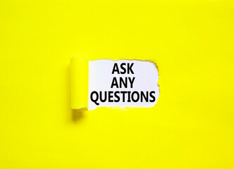 Ask any questions symbol. Concept words Ask any questions on beautiful white paper. Beautiful yellow table yellow background. Business ask any questions concept. Copy space.