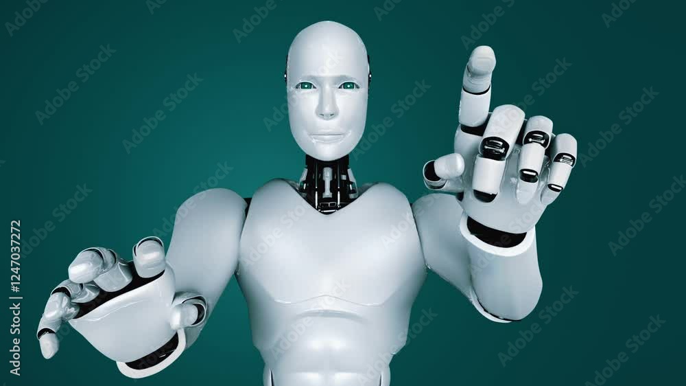 Poster ai hominoid robot touching virtual hologram screen showing concept of big data analytic using artifi