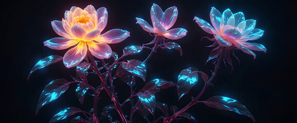 Obraz premium Glowing Flower and Bud with Neon Highlights in a Dark Setting